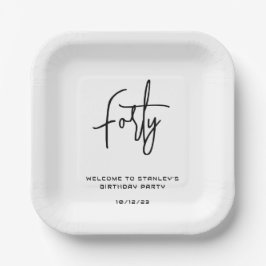 Eenvoudig Zwart-Wit Veertig Verjaardagsfeest Papieren Bordje
