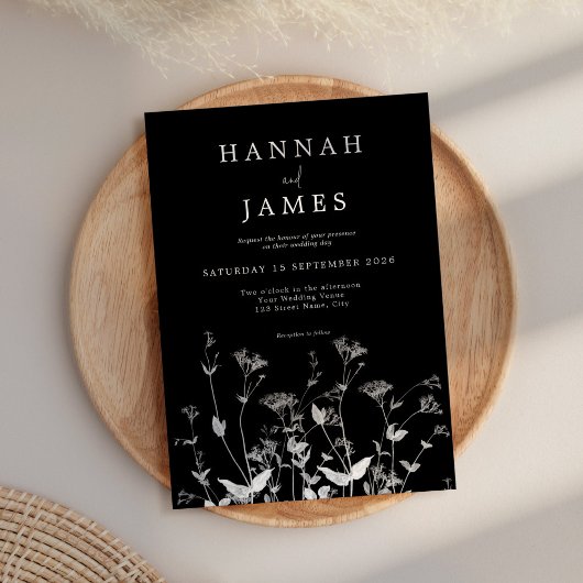 Eenvoudig zwart-wit Wildflower Wedding Kaart