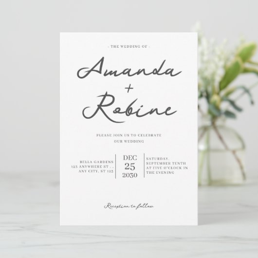 Eenvoudig zwart-witcalligrafisch huwelijk kaart (Staand voorkant)