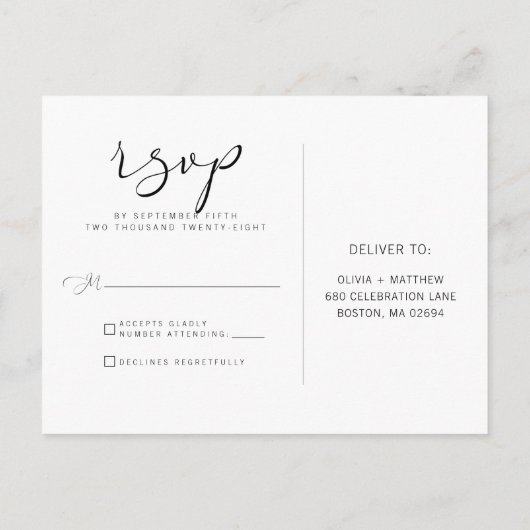 Eenvoudig zwart-witkalligrafie RSVP-Briefkaart Uitnodiging Briefkaart (Achterkant)