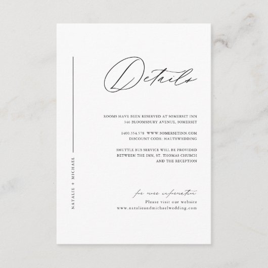 Eenvoudig zwart-witminimalistisch huwelijk — detai informatiekaartje (Voorkant)