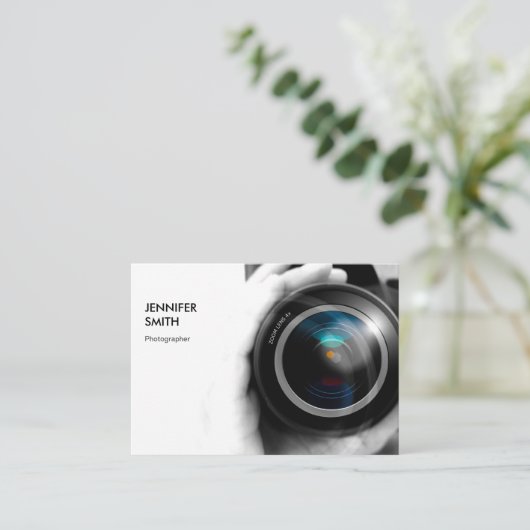 Eenvoudig zwarte en witte fotografische camera-len visitekaartje (Staand voorkant)