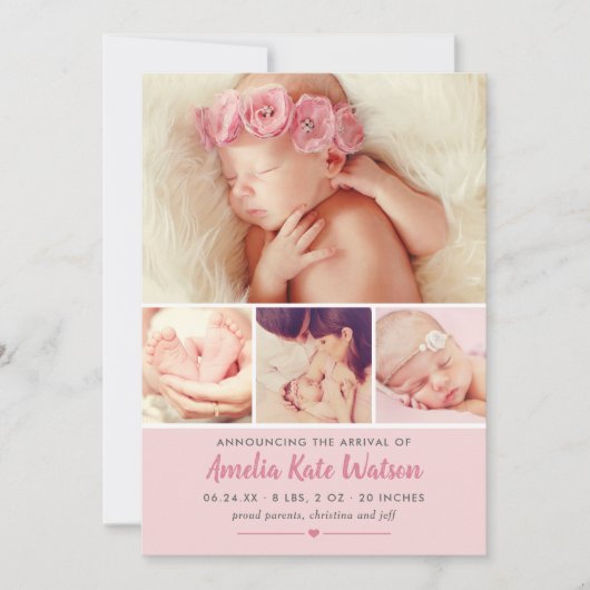 Eenvoudig Zweet Roze Baby Girl Foto Collage Birth Aankondiging (Voorkant)