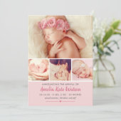 Eenvoudig Zweet Roze Baby Girl Foto Collage Birth Aankondiging (Staand voorkant)