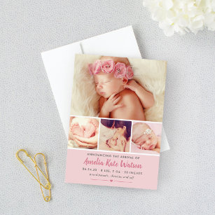 Eenvoudig Zweet Roze Baby Girl Foto Collage Birth Aankondiging