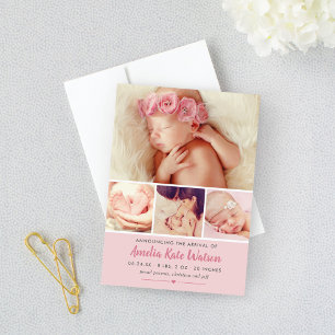 Eenvoudig Zweet Roze Baby Girl Foto Collage Birth Aankondiging