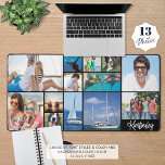 Eenvoudige 13 fotocollage gepersonaliseerde aangep bureaumat<br><div class="desc">Creëer uw eigen aangepaste kleur foto bureau mat met behulp van deze eenvoudig te uploaden foto collage sjabloon met 13 afbeeldingen van verschillende vormen en maten en gepersonaliseerd met een naam, monogram of tekst in uw keuze van lettertype stijlen en kleur en achtergrond kleur (weergegeven in wit op zwart). Omring...</div>