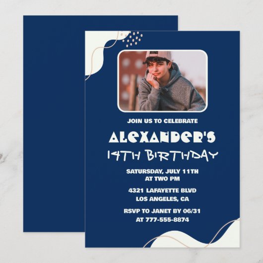 Eenvoudige 14e verjaardag uitnodigingen Boy Photo  (Voorkant / Achterkant)