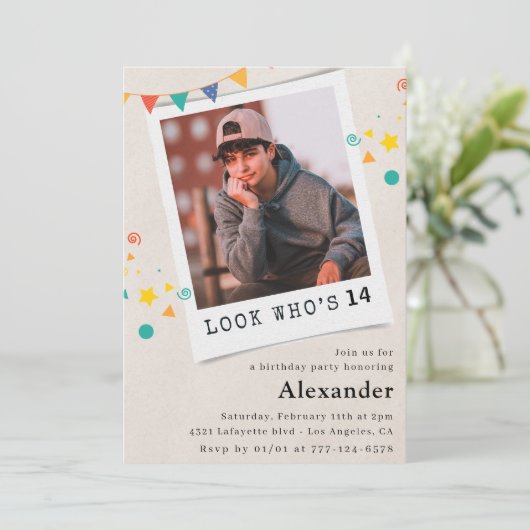 Eenvoudige 14e verjaardag uitnodigingen Boy Photo (Staand voorkant)