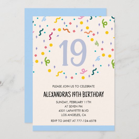 Eenvoudige 19e verjaardagsuitnodiging Confetti Mod Kaart (Voorkant / Achterkant)