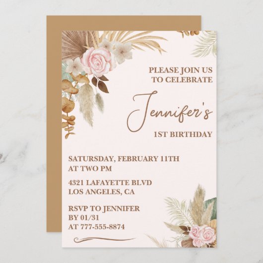 Eenvoudige 1e verjaardag uitnodiging Modern Boho F (Voorkant / Achterkant)