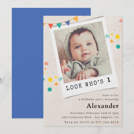 Eenvoudige 1e verjaardag uitnodigingen Blauwe foto (Voorkant / Achterkant)