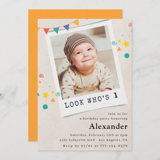 Eenvoudige 1e verjaardag uitnodigingen Boy Foto (Voorkant / Achterkant)