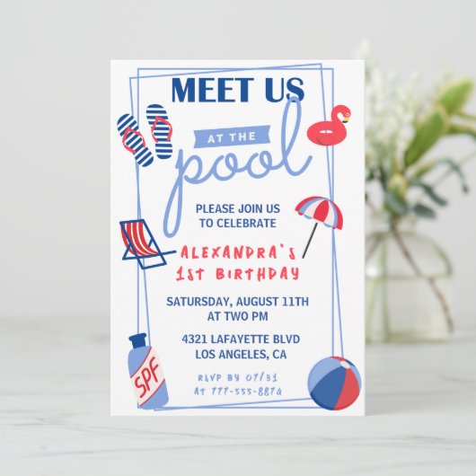 Eenvoudige 1e verjaardag uitnodigingen Pool Party (Staand voorkant)