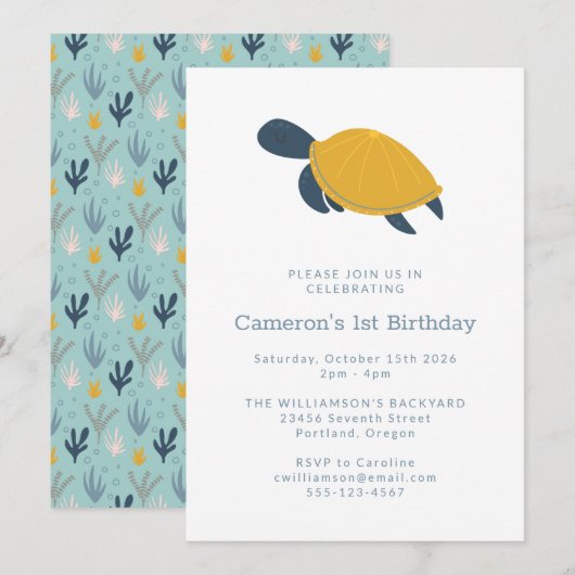 Eenvoudige 1e verjaardag van Cute Modern Zee Turtl Kaart (Voorkant / Achterkant)