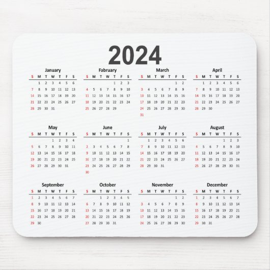 Eenvoudige 2024 witte achtergrond kalender muismat (Voorkant)