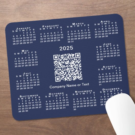 Eenvoudige 2025 Kalender Business QR Code op Navy  Muismat
