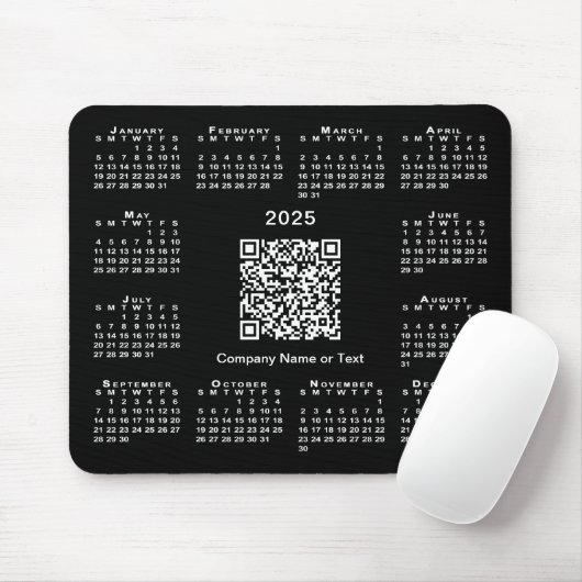 Eenvoudige 2025 Kalender Business QR Code op Zwart Muismat (Met muis)