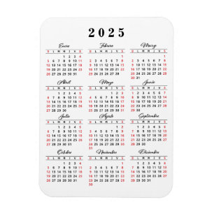 Eenvoudige 2025 Kalender in Spaans Wit Zwart Rood Magneet