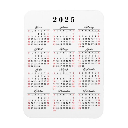 Eenvoudige 2025 Kalender in Spaans Wit Zwart Rood Magneet (Verticaal)