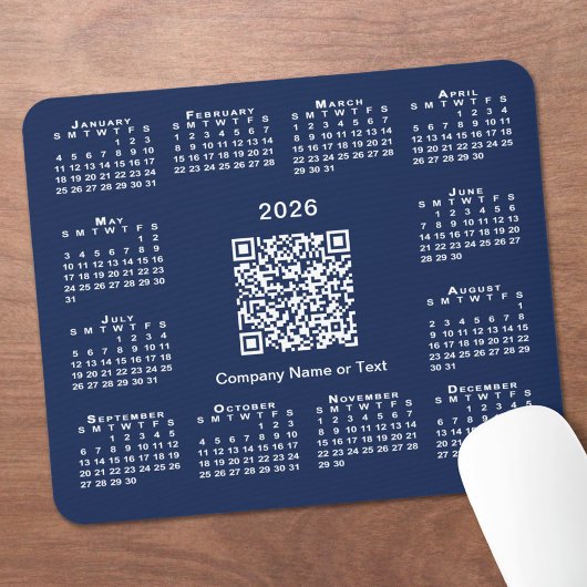 Eenvoudige 2026 Kalender Business QR Code op Navy  Muismat