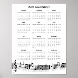 Eenvoudige 2026 kalender met muzieknotities |  poster