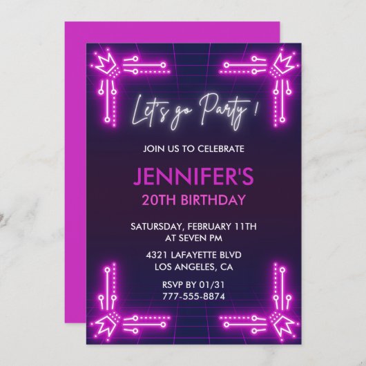 Eenvoudige 20e verjaardag uitnodigingen Meisje Roz (Voorkant / Achterkant)