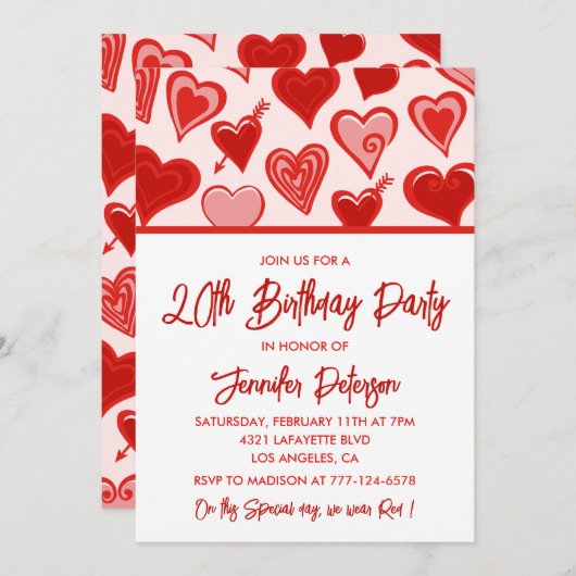 Eenvoudige 20e verjaardag uitnodigingen Red Hearts (Voorkant / Achterkant)