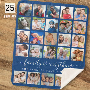 Eenvoudige 25 foto collage citaat familienaam blau sherpa deken