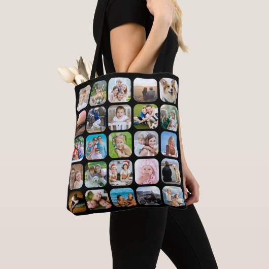Eenvoudige 25-fotocollage, afgeronde hoek zwart tote bag (Dichtbij)