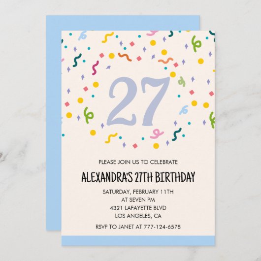 Eenvoudige 27e verjaardagsuitnodigingen Confetti M Kaart (Voorkant / Achterkant)