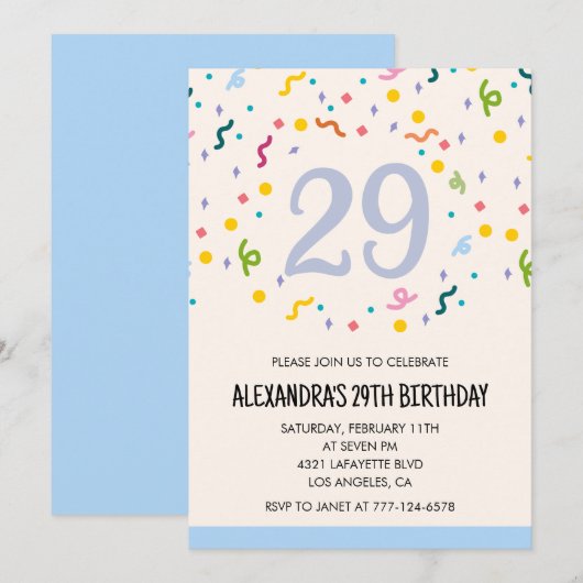 Eenvoudige 29e verjaardagsuitnodigingen Confetti M Kaart (Voorkant / Achterkant)
