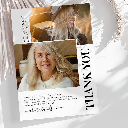 Eenvoudige 2 foto begrafenis bedankkaart
