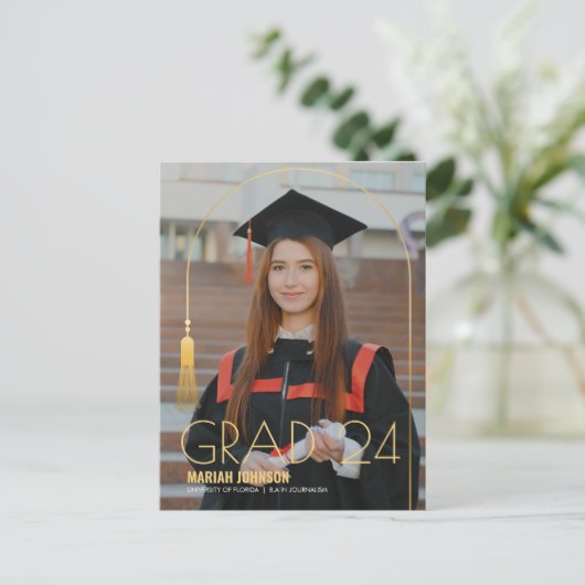 Eenvoudige 2 foto gouden kwastje Afstuderen aankon Briefkaart (Staand voorkant)