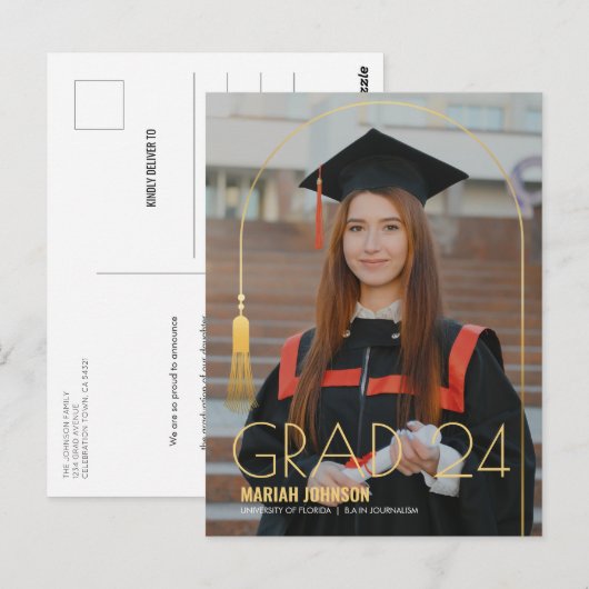 Eenvoudige 2 foto gouden kwastje Afstuderen aankon Briefkaart (Voorkant / Achterkant)