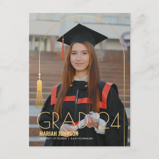 Eenvoudige 2 foto gouden kwastje Afstuderen aankon Briefkaart (Voorkant)