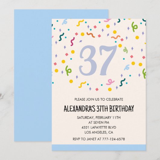 Eenvoudige 37e verjaardagsuitnodiging Confetti Mod Kaart (Voorkant / Achterkant)