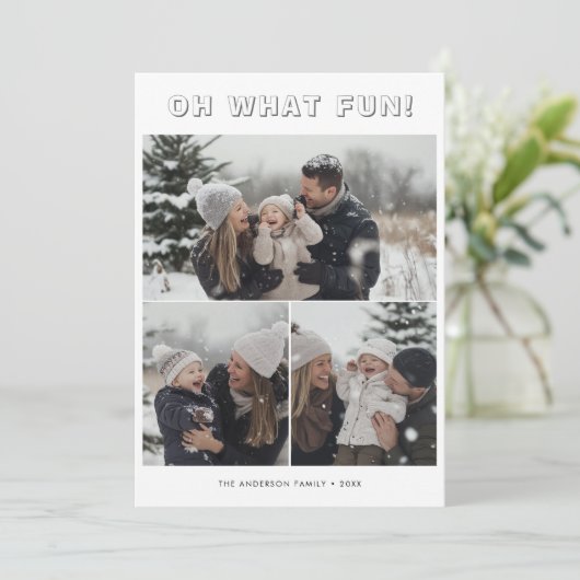 Eenvoudige 3 familie foto kerst oh wat leuk feestdagenkaart (Staand voorkant)