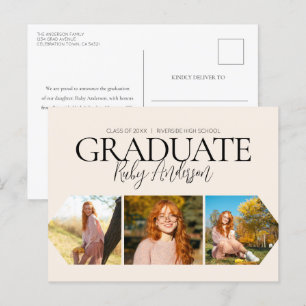 Eenvoudige 3 foto Beige Afstuderen aankondiging Briefkaart