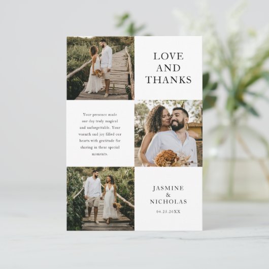 Eenvoudige 3 foto bruiloft bedankkaart (Staand voorkant)