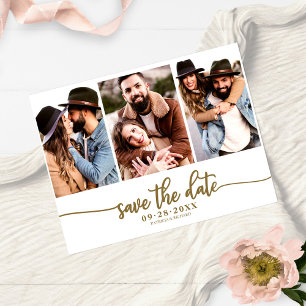 Eenvoudige 3-foto-collage Huwelijk Save The Date Briefkaart