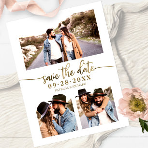 Eenvoudige 3-foto-collage Huwelijk Save The Date Briefkaart