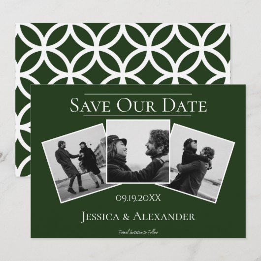Eenvoudige 3 foto-collage | Smaragdgroen Save The Date (Voorkant / Achterkant)