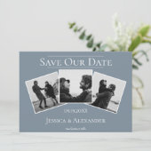 Eenvoudige 3 Foto Collage | Stof Blauw Bewaar de D Save The Date (Staand voorkant)