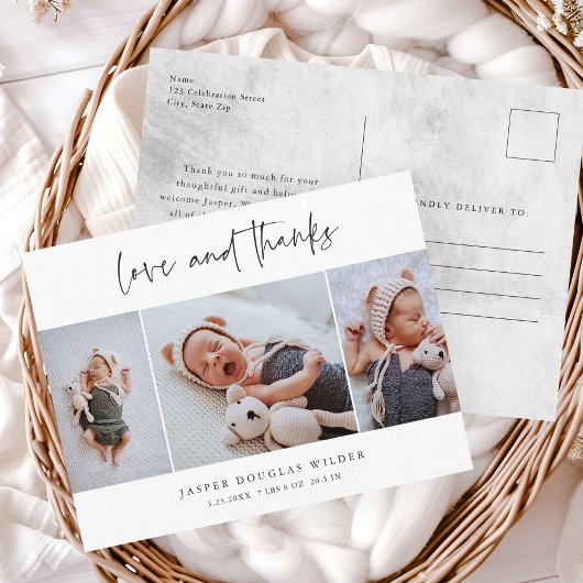 Eenvoudige 3 foto Liefde en Bedankt Baby Dank u Briefkaart