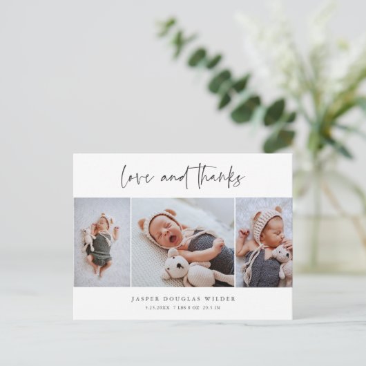 Eenvoudige 3 foto Liefde en Bedankt Baby Dank u Briefkaart (Staand voorkant)