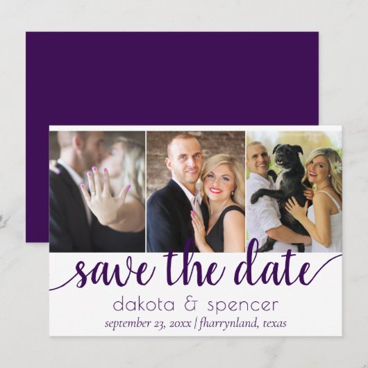 Eenvoudige 3-foto | Royal Paarse Flourish Script Save The Date (Voorkant / Achterkant)