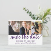 Eenvoudige 3-foto | Royal Paarse Flourish Script Save The Date (Staand voorkant)