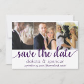 Eenvoudige 3-foto | Royal Paarse Flourish Script Save The Date (Voorkant)