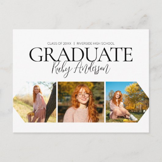 Eenvoudige 3 foto wit Afstuderen aankondiging Briefkaart (Voorkant)
